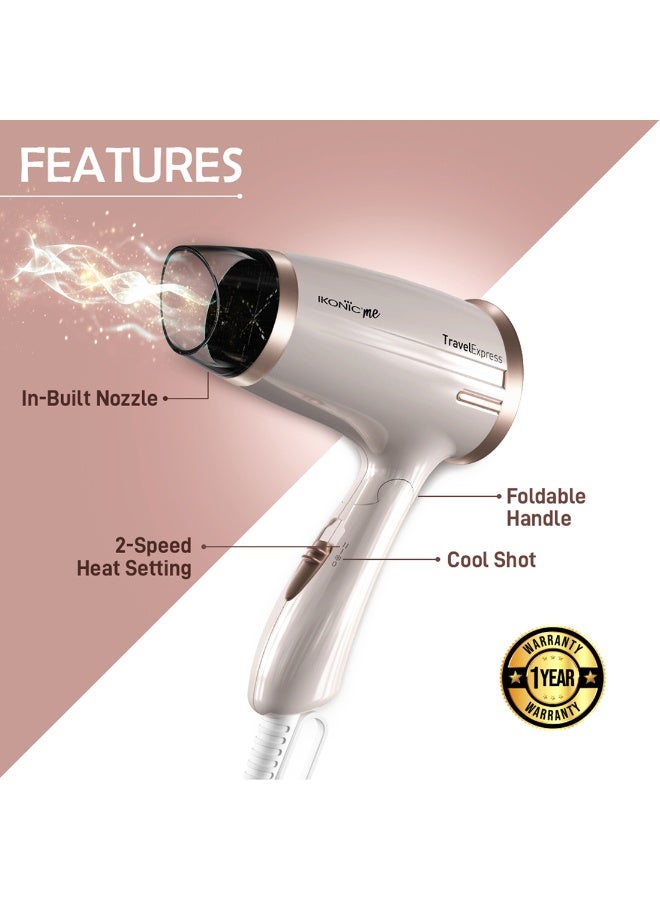 أي كونيك مجفف شعر إيكونيك ترافل إكسبريس قابل للطي، باللون الأبيض والذهبي الوردي، بقدرة 1400 واط، تصميم مدمج وخفيف الوزن، إعدادان قابلان للتعديل للسرعة، تشغيل منخفض الضوضاء، تجفيف سريع، مناسب للسفر، مناسب للرجال والنساء، مناسب لجميع أنواع الشعر - Image 2